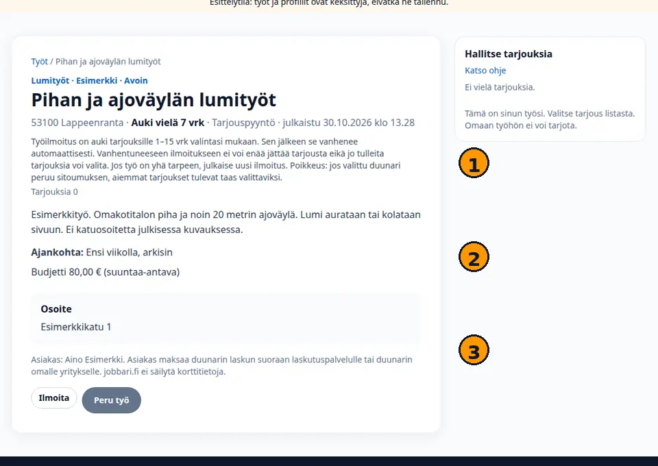 Tarjouslomake: hinta, kesto ja työn osuus, numeroidut kohdat