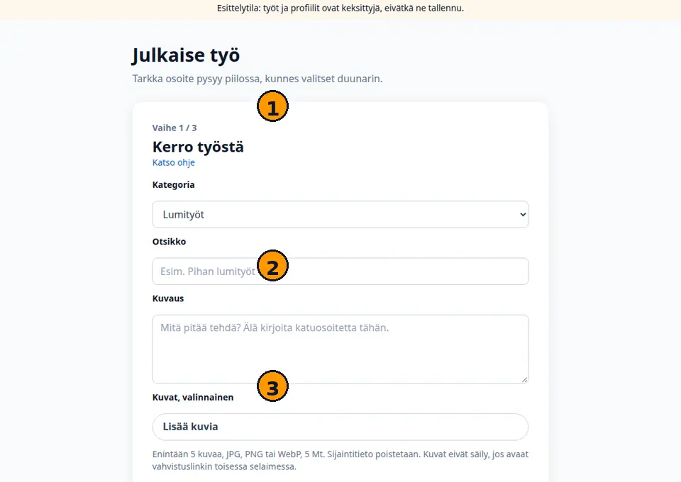 Työn julkaisulomake: kategoria, kuvaus ja tarjousaika, numeroidut kohdat