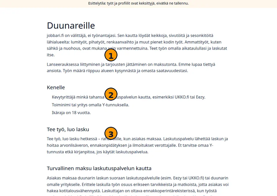 Laskutuksen tarkistuslista: työn osuus, rekisteri ja OmaVero, numeroidut kohdat