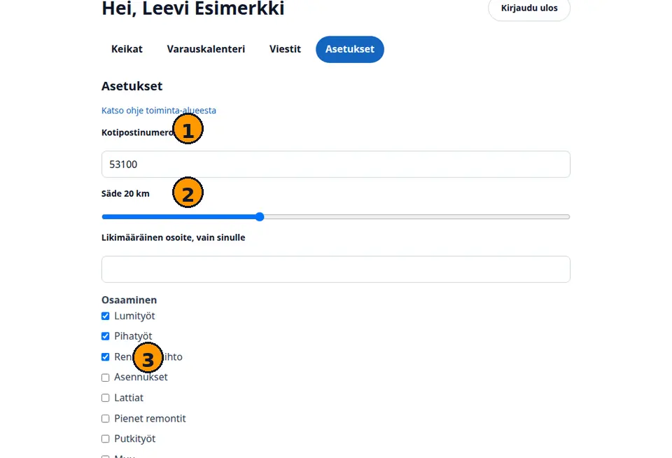 Toiminta-alueen asetukset: postinumero, säde ja ilmoitukset, numeroidut kohdat
