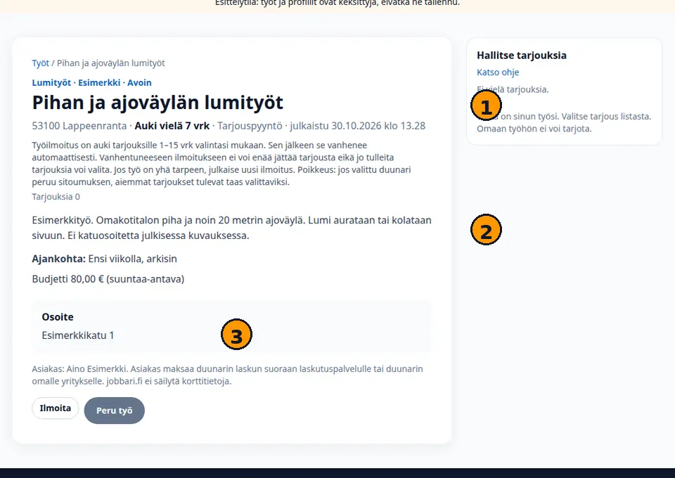 Tarjouslista etäisyyksineen ja valmis-merkintä, numeroidut kohdat
