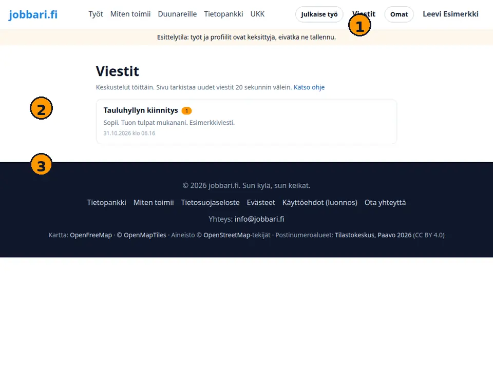 Viestit-painike ja aikataulun ehdotus, numeroidut kohdat